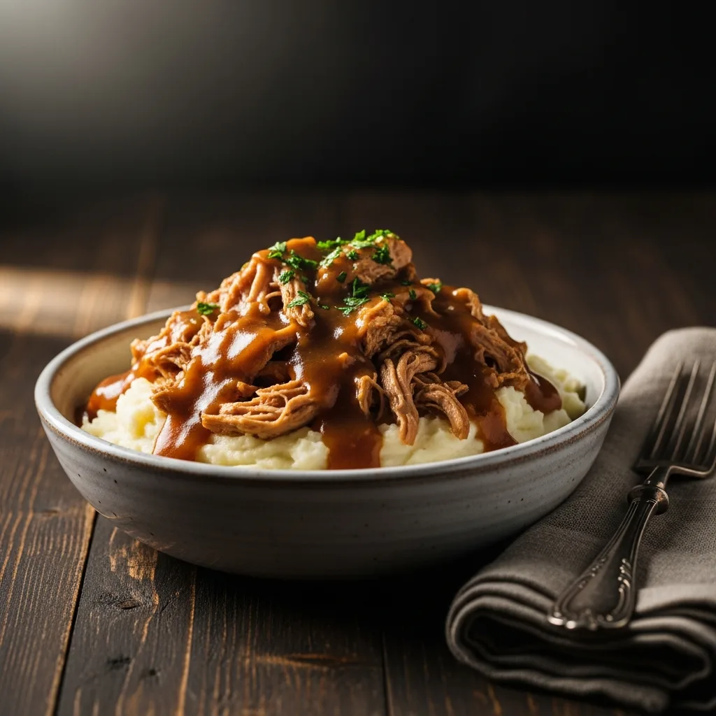 Tender crockpot chicken and gravy served over creamy mashed potatoes in a rustic bowl.