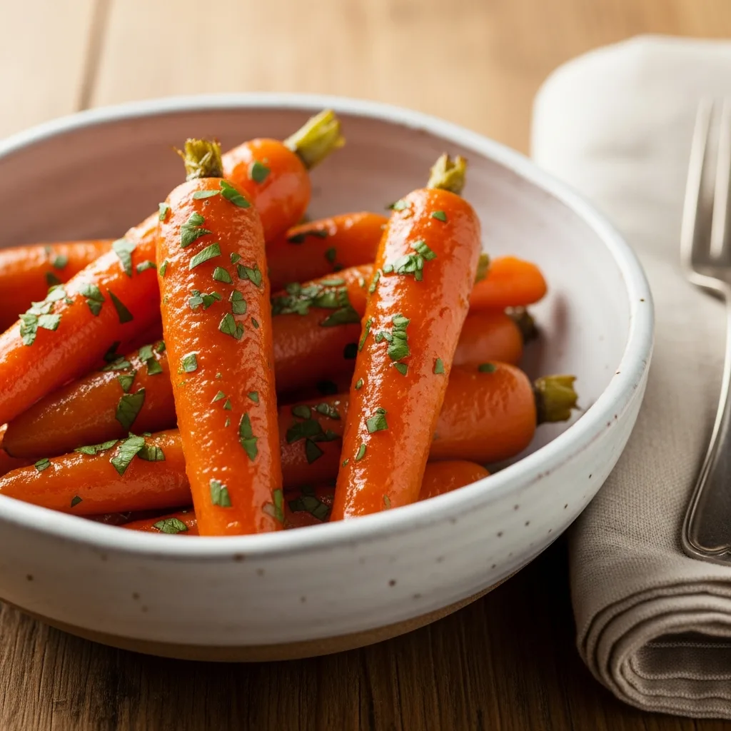 Tender glazed crockpot carrots in a white serving bowl garnished with fresh parsley.