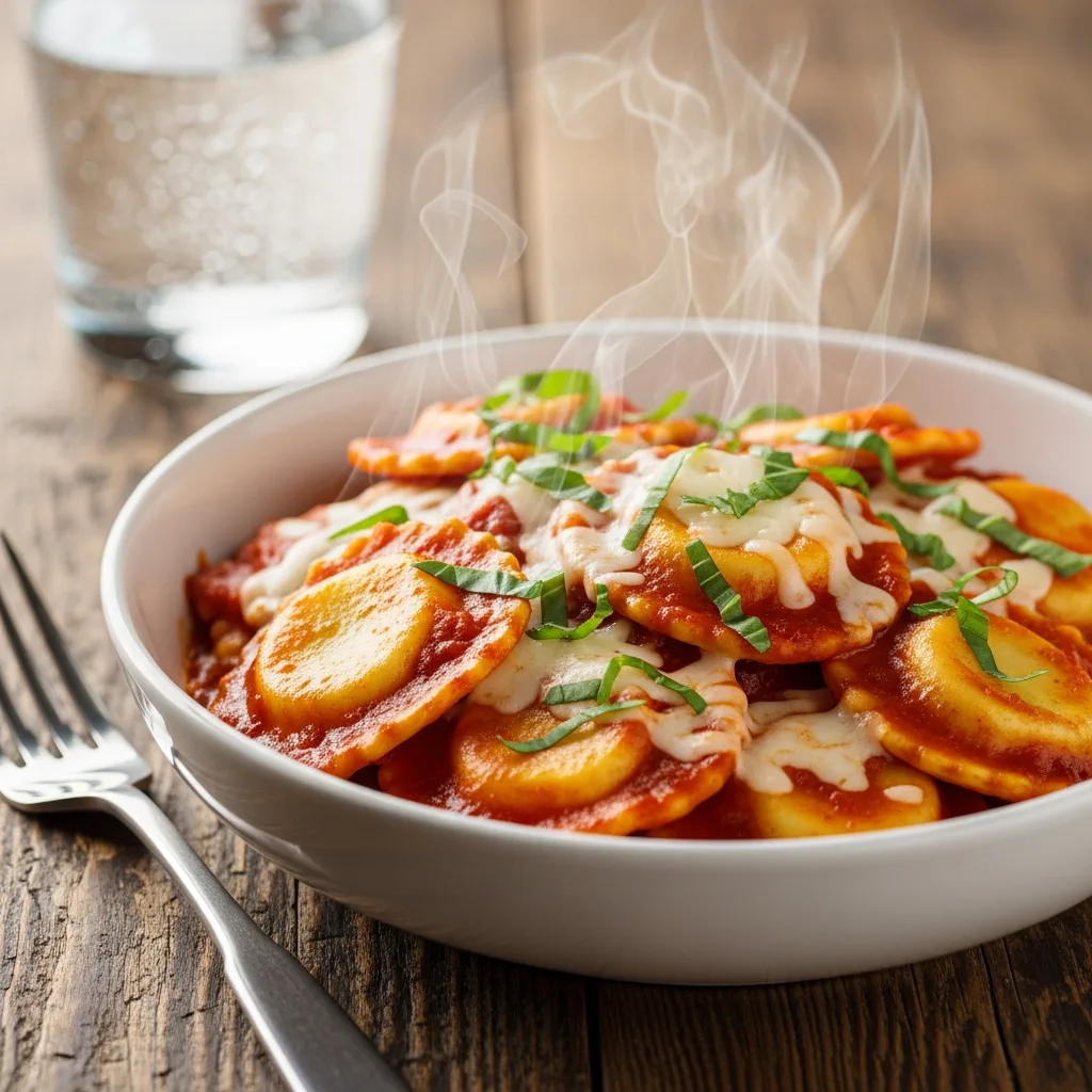 Bowl of cheesy 3 ingredient crockpot vegetarian ravioli with fresh basil