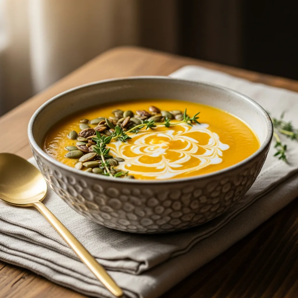 Bowl of creamy slow cooker squash soup with pumpkin seeds and cream swirl