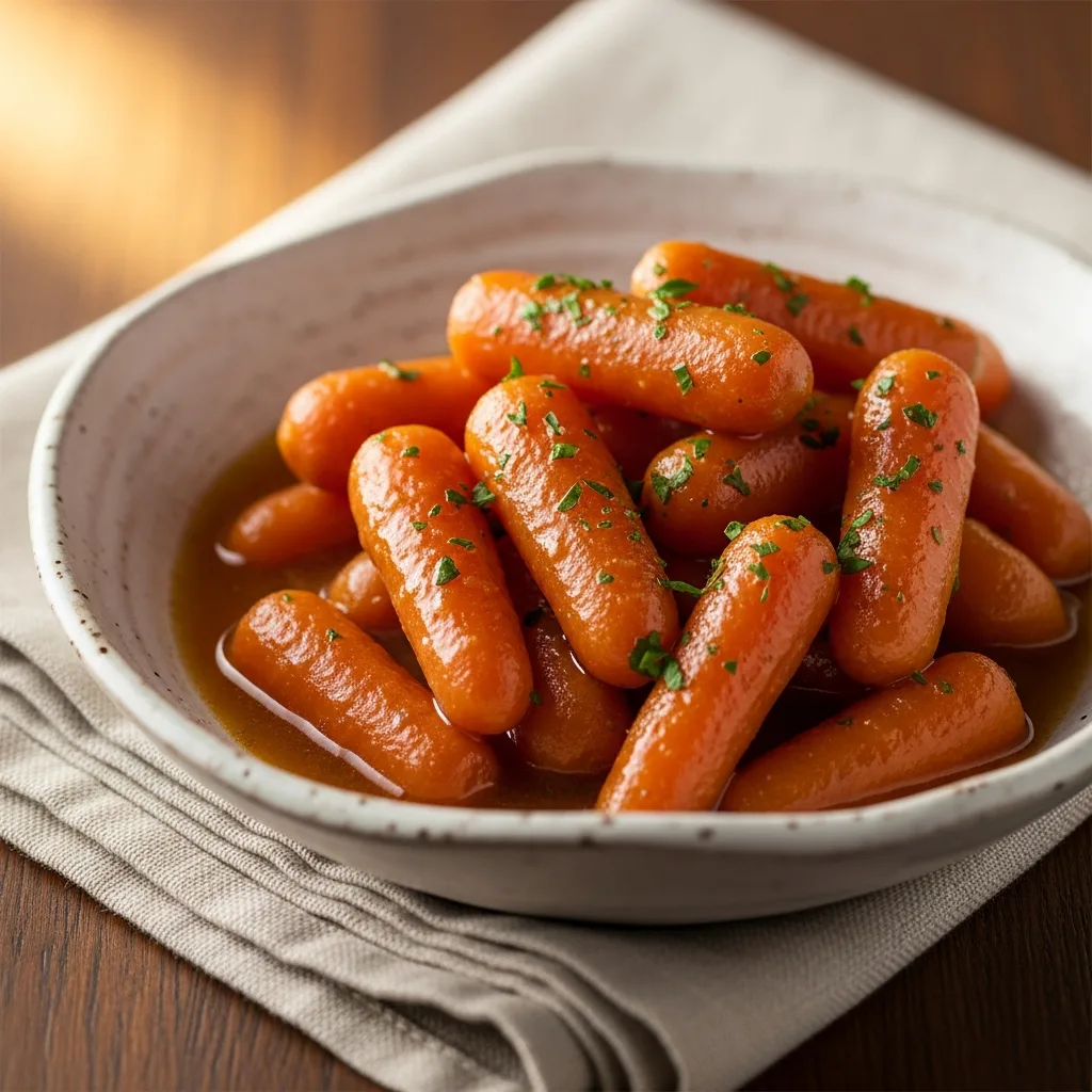 Sweet and savory crockpot baby carrots in a white serving bowl garnished with fresh parsley.