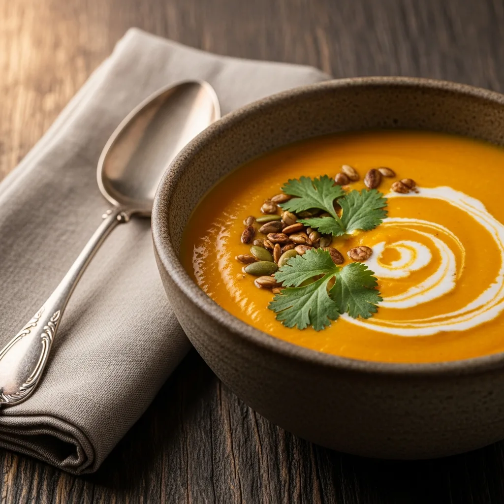 A beautiful bowl of creamy crockpot carrot soup garnished with cilantro and pepitas.