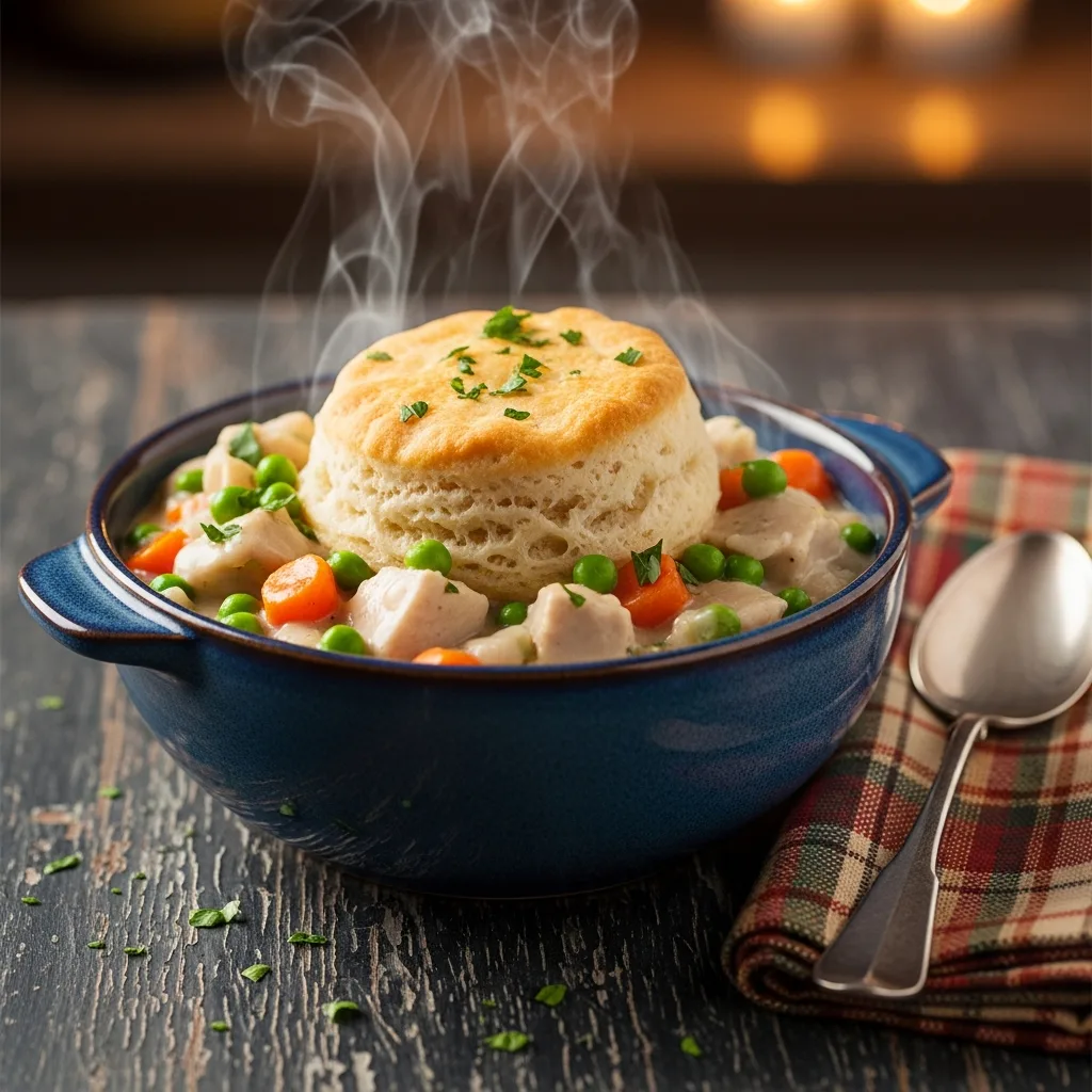 A cozy bowl of crockpot chicken pot pie with a golden biscuit on top, garnished with fresh parsley.
