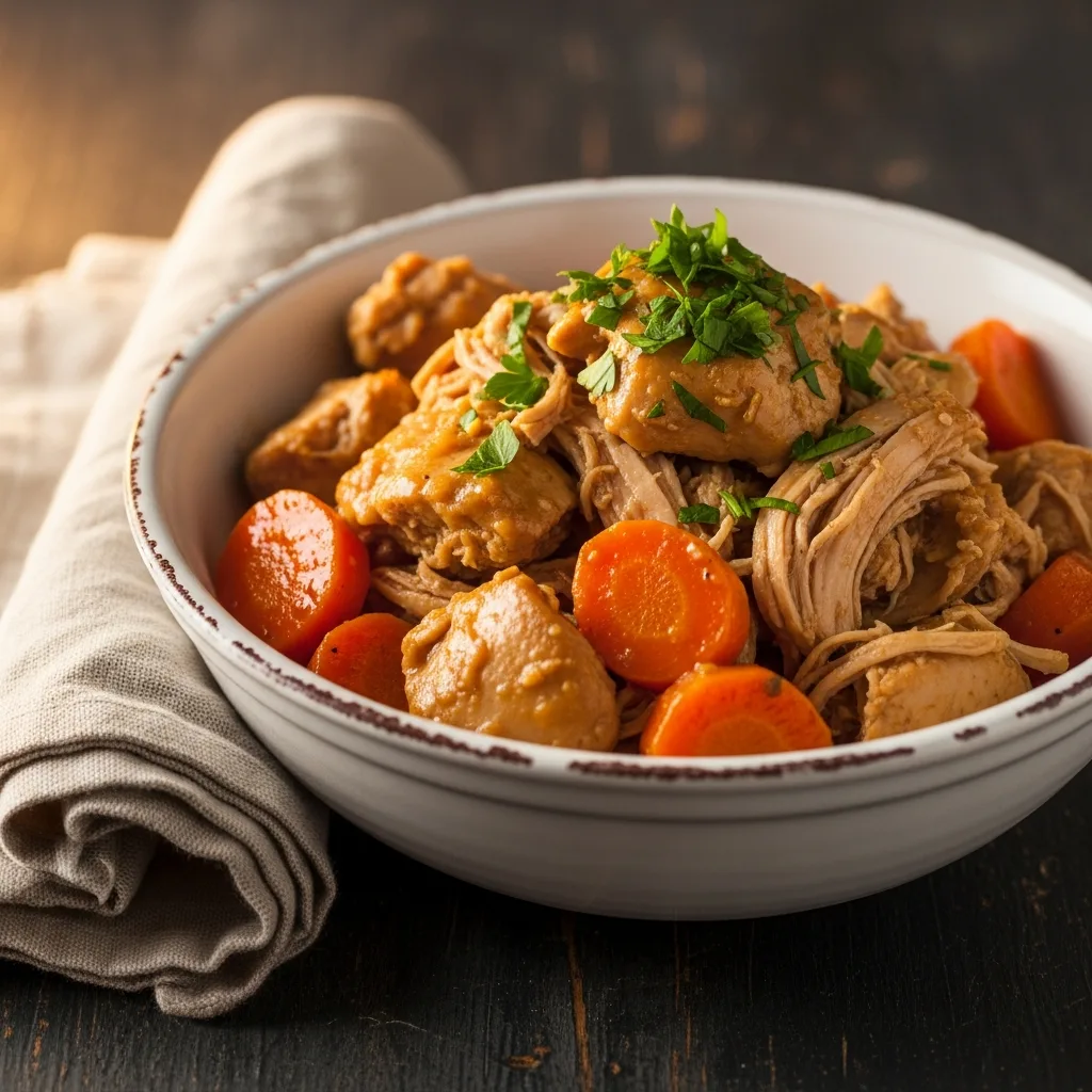 A beautiful serving of tender crockpot chicken and carrots in a white bowl garnished with parsley.