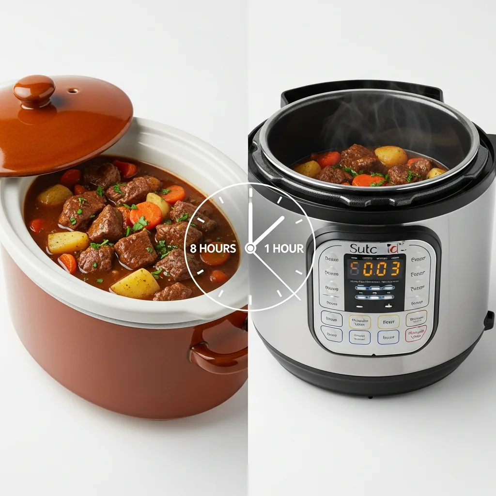 A side-by-side comparison of a Crockpot and an Instant Pot, showing the concept of recipe conversion.