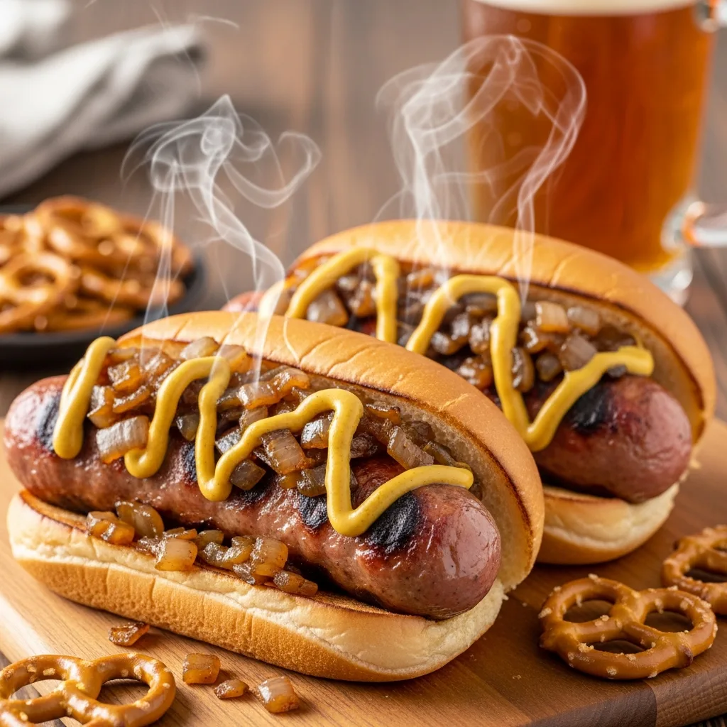 Juicy slow cooker beer brats in buns topped with onions and mustard