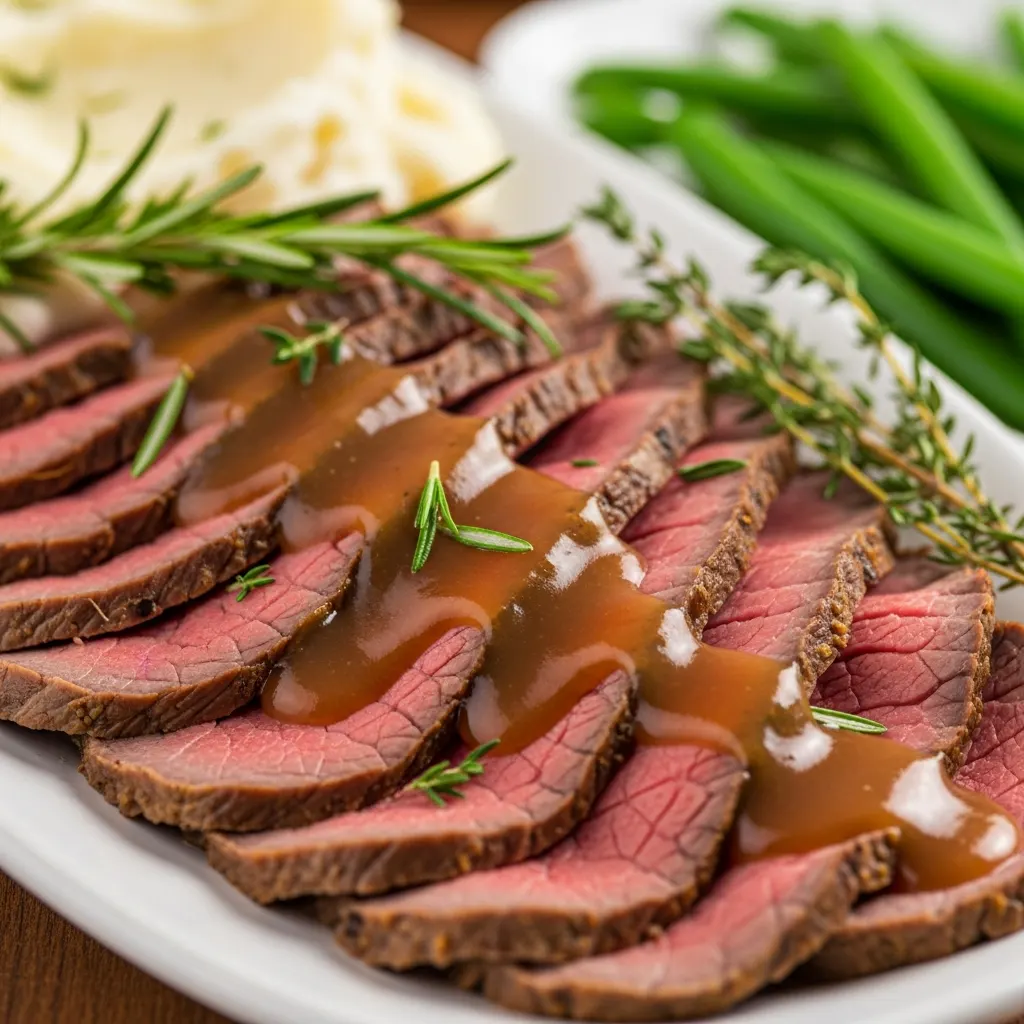 Juicy slow cooker sirloin tip roast slices on platter with gravy and herbs