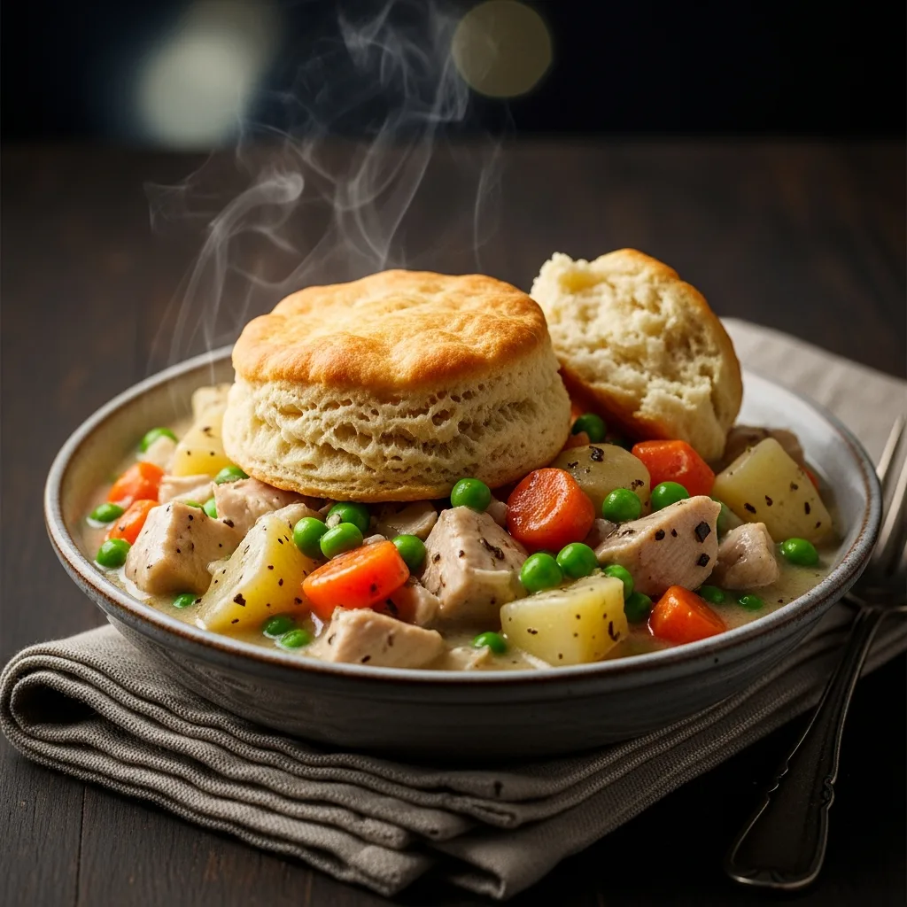 A cozy bowl of creamy crockpot chicken pot pie with a golden flaky biscuit on top.