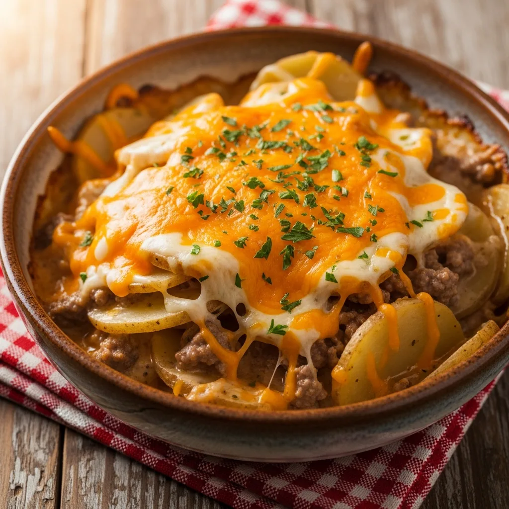 Cheesy slow cooker hamburger potato casserole in a bowl with fresh parsley